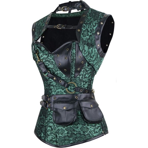 Women First Green Steampunk Vintage Spiral Steel Boned Corset Bustier - Picture 2 of 7